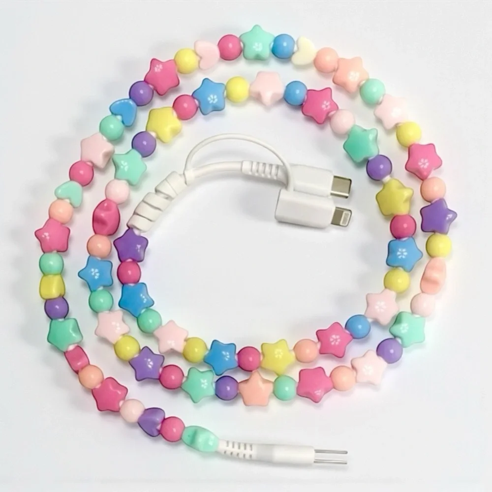 Kawaii Beaded Phone Charger Cable Pastel Star USB Lightning USB-C Cute Cord NIB